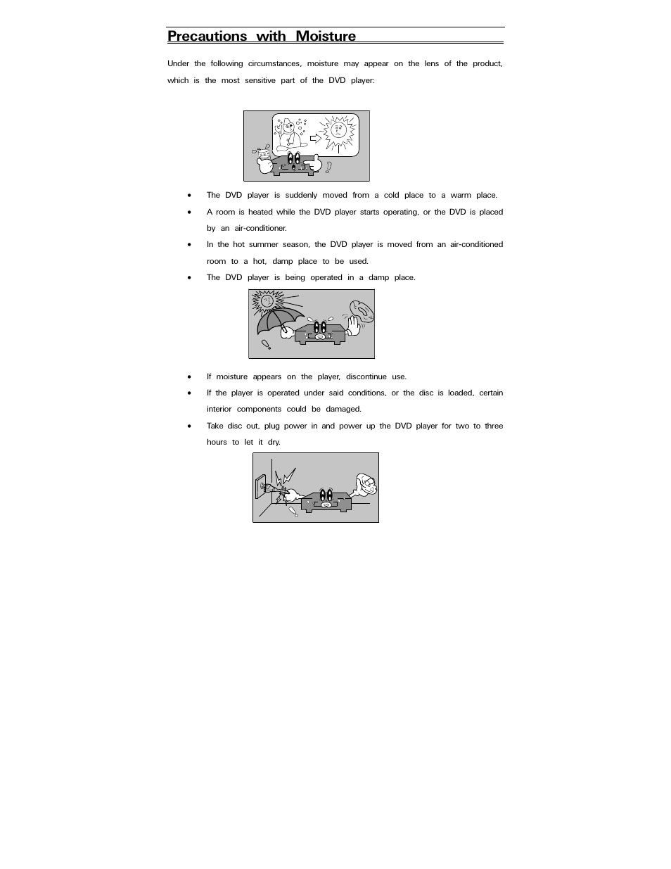 Precautions with moisture | Polaroid PDV-0820T User Manual | Page 4 / 31