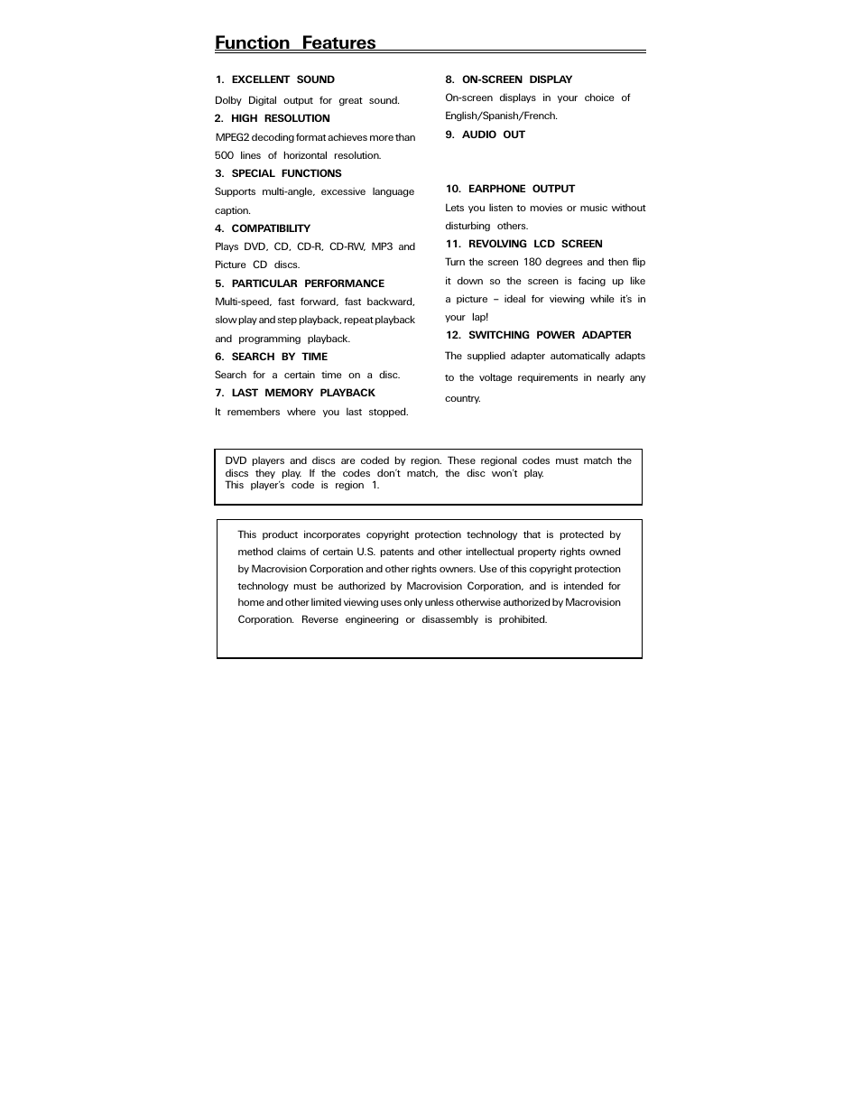 Function features | Polaroid PDV-0820T User Manual | Page 5 / 31