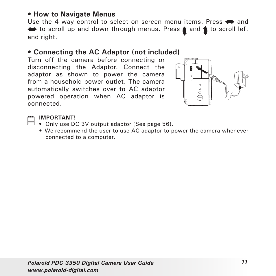 How to navigate menus, Connecting the ac adaptor (not included) | Polaroid PhotoMAX PDC 3350 User Manual | Page 11 / 63