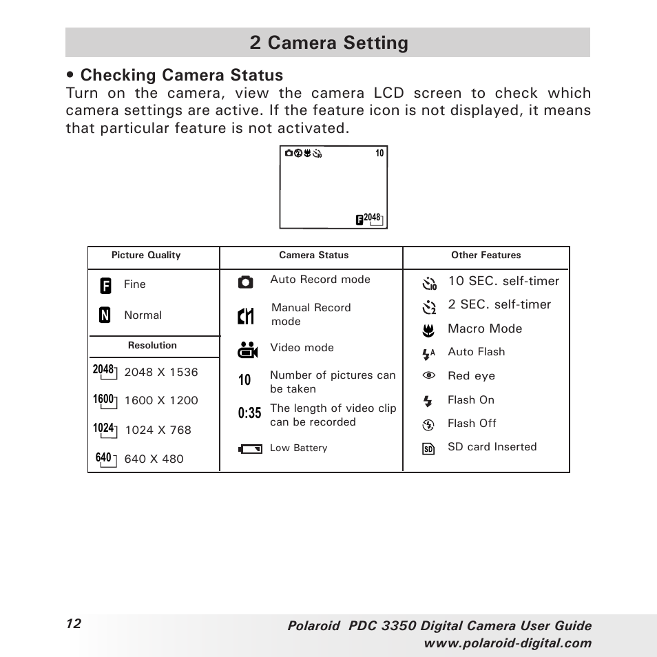 2 camera setting, Checking camera status | Polaroid PhotoMAX PDC 3350 User Manual | Page 12 / 63