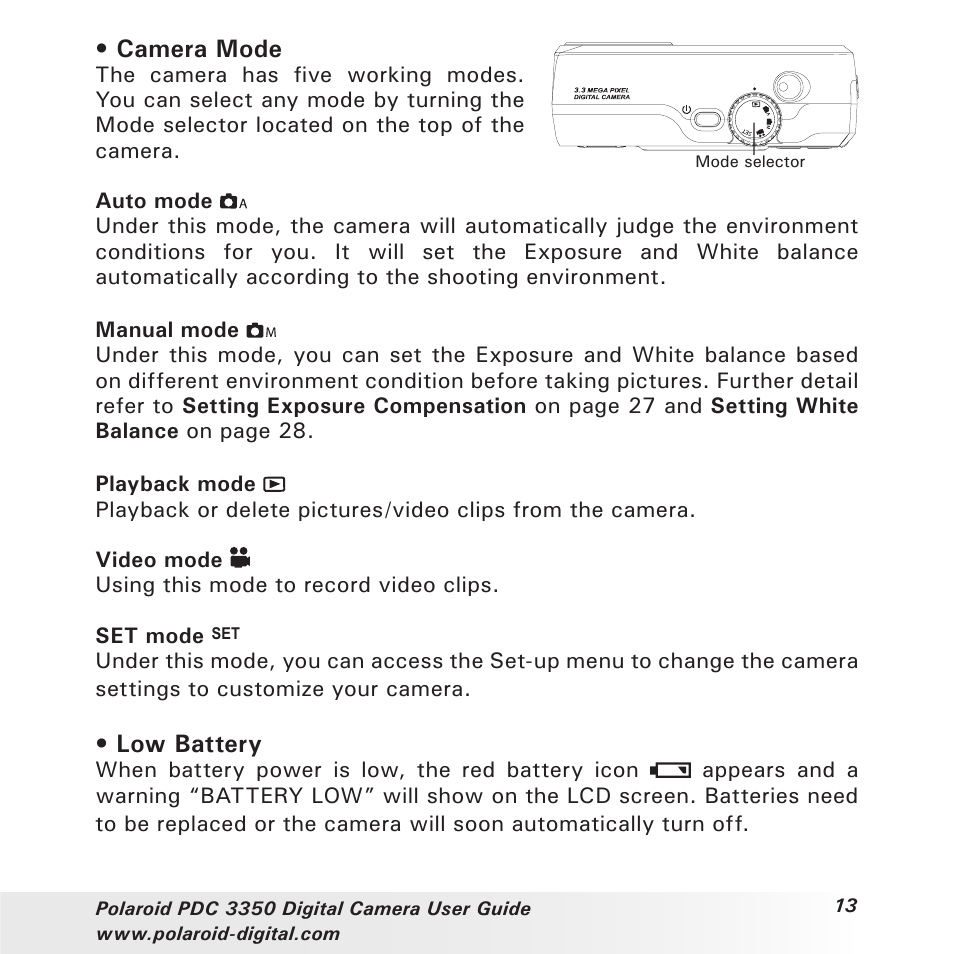 Camera mode, Low battery | Polaroid PhotoMAX PDC 3350 User Manual | Page 13 / 63