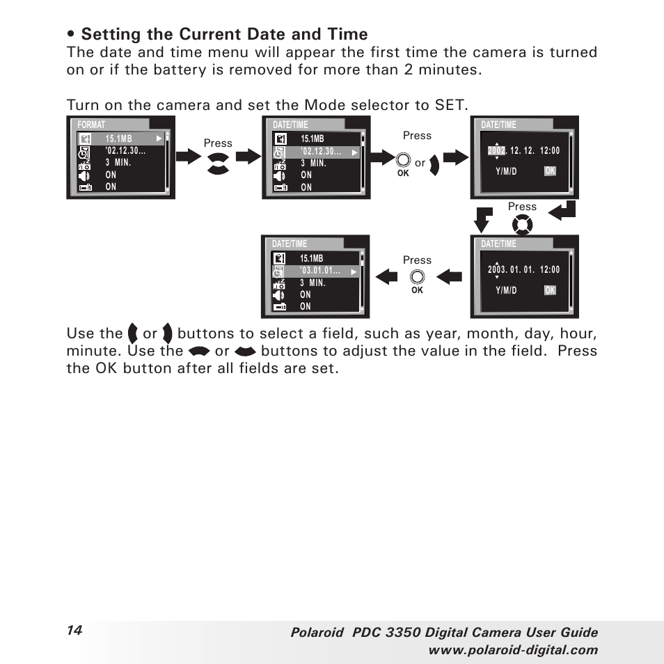 Setting the current date and time | Polaroid PhotoMAX PDC 3350 User Manual | Page 14 / 63