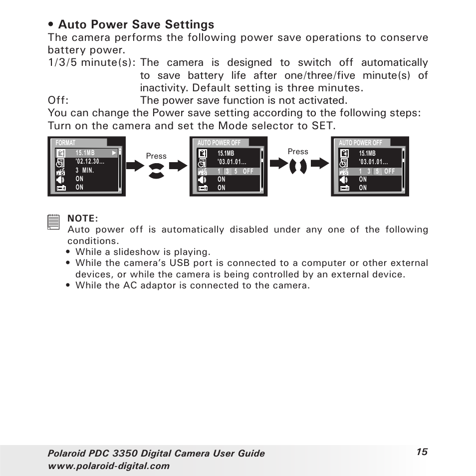 Auto power save settings | Polaroid PhotoMAX PDC 3350 User Manual | Page 15 / 63