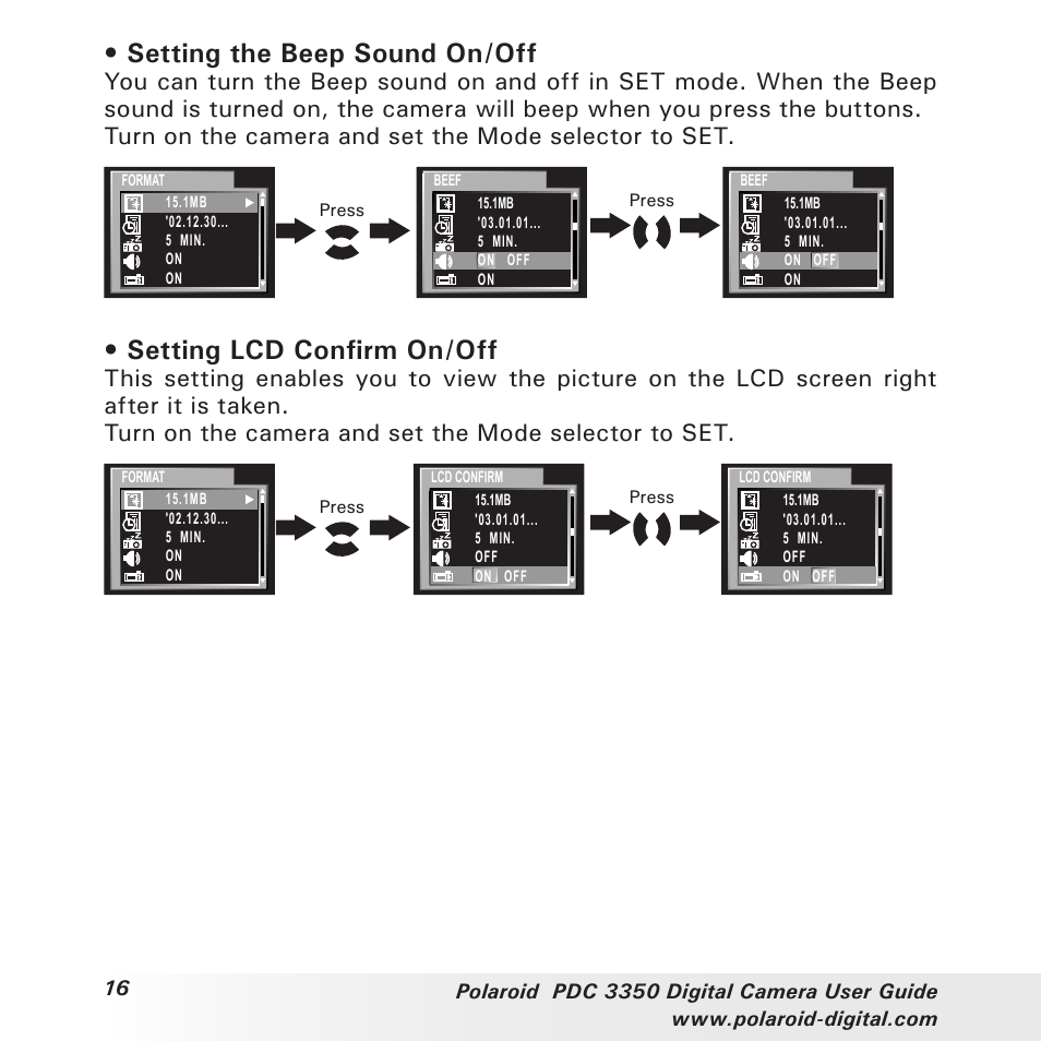 Setting the beep sound on/off, Setting lcd confirm on/off | Polaroid PhotoMAX PDC 3350 User Manual | Page 16 / 63