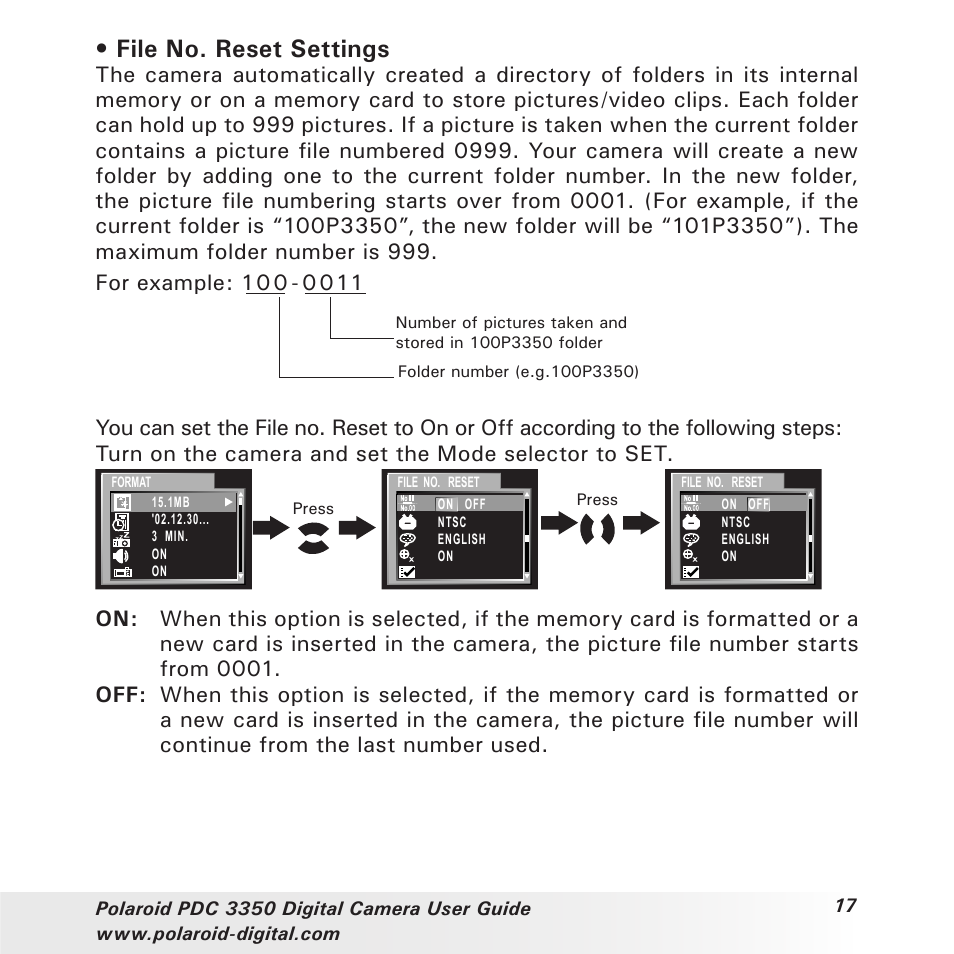 File no. reset settings | Polaroid PhotoMAX PDC 3350 User Manual | Page 17 / 63