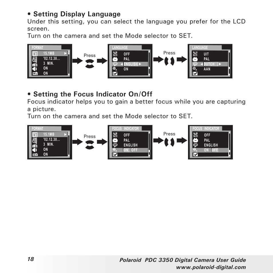 Setting display language, Setting the focus indicator on/off | Polaroid PhotoMAX PDC 3350 User Manual | Page 18 / 63