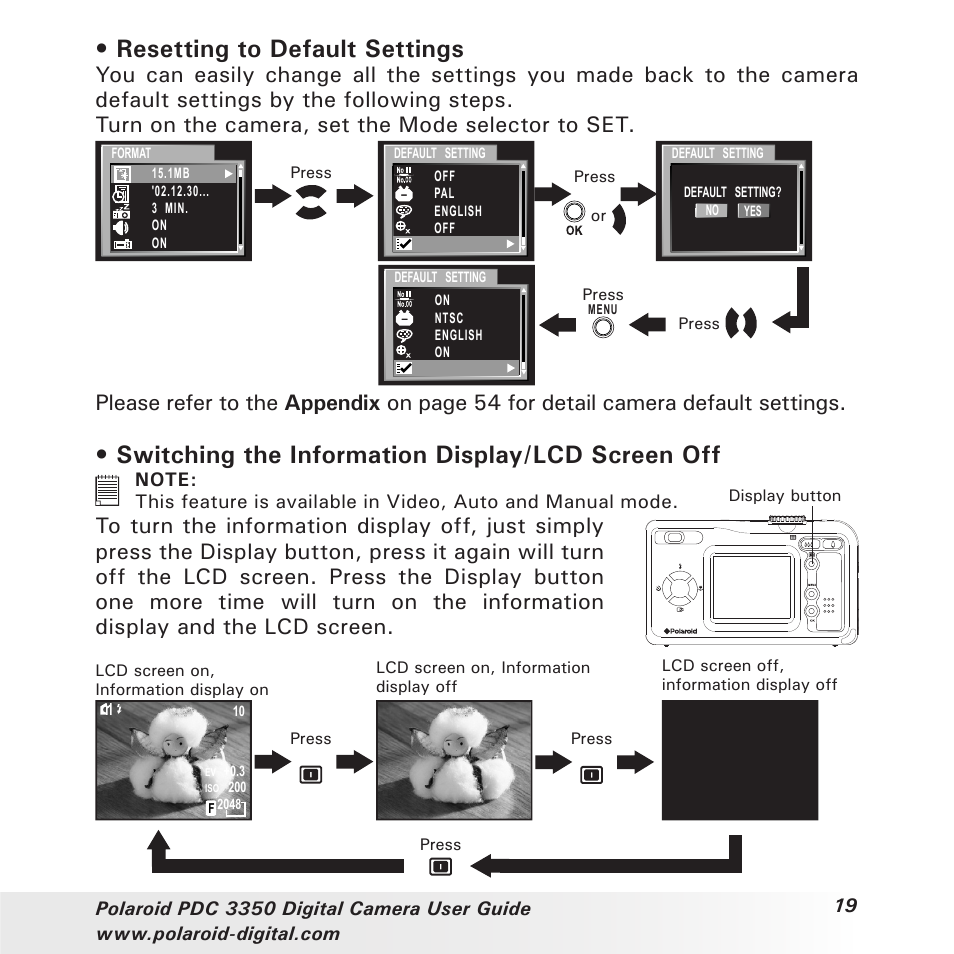 Resetting to default settings, Switching the information display/lcd screen off | Polaroid PhotoMAX PDC 3350 User Manual | Page 19 / 63