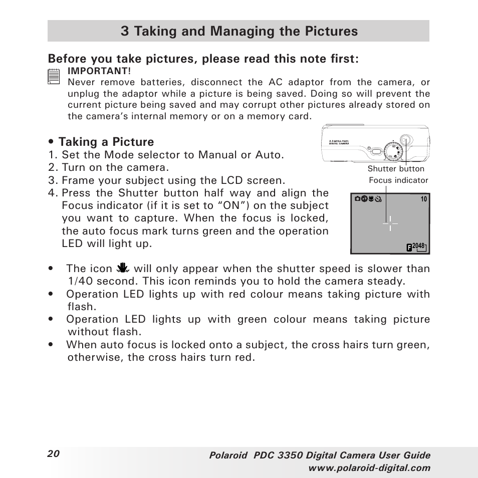 3 taking and managing the pictures, Taking a picture | Polaroid PhotoMAX PDC 3350 User Manual | Page 20 / 63