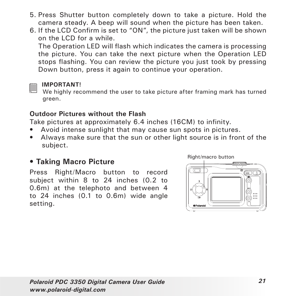 Taking macro picture | Polaroid PhotoMAX PDC 3350 User Manual | Page 21 / 63