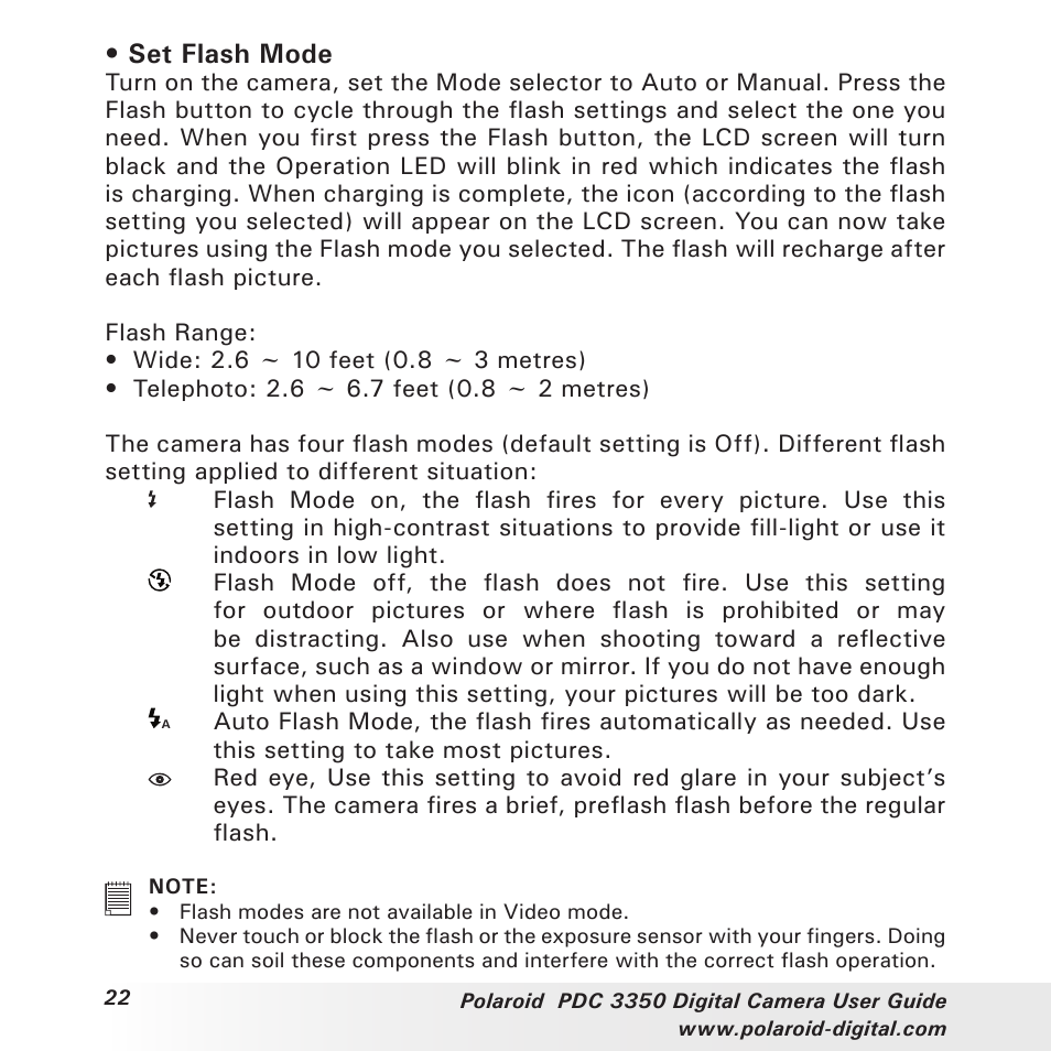 Set flash mode | Polaroid PhotoMAX PDC 3350 User Manual | Page 22 / 63