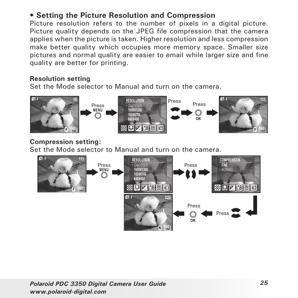 Setting the picture resolution and compression | Polaroid PhotoMAX PDC 3350 User Manual | Page 25 / 63