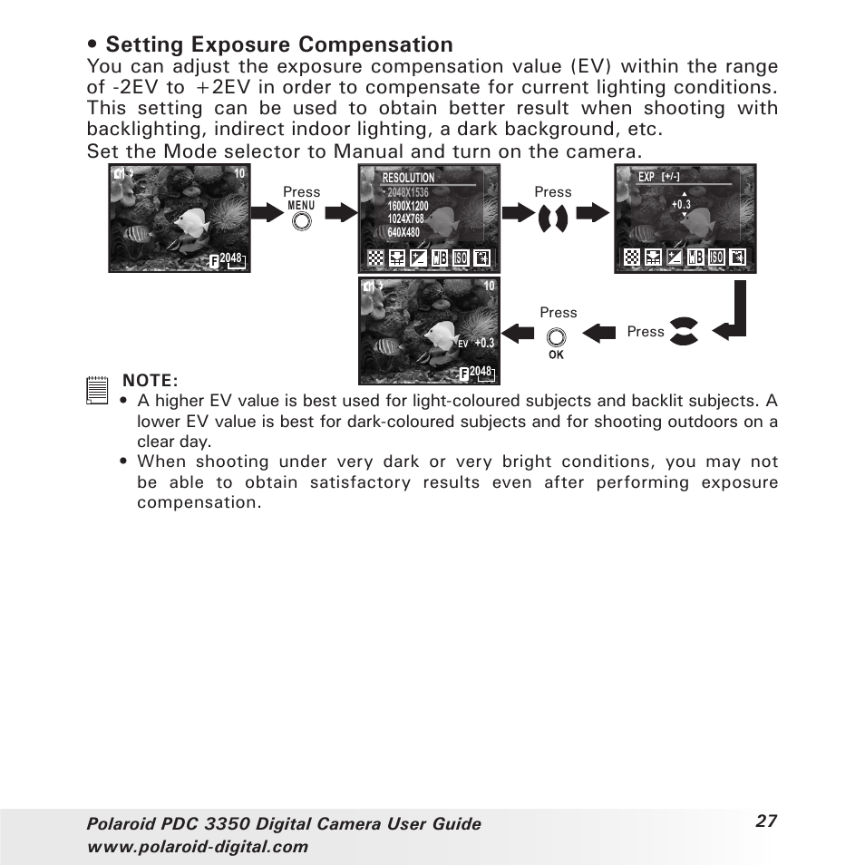 Setting exposure compensation | Polaroid PhotoMAX PDC 3350 User Manual | Page 27 / 63