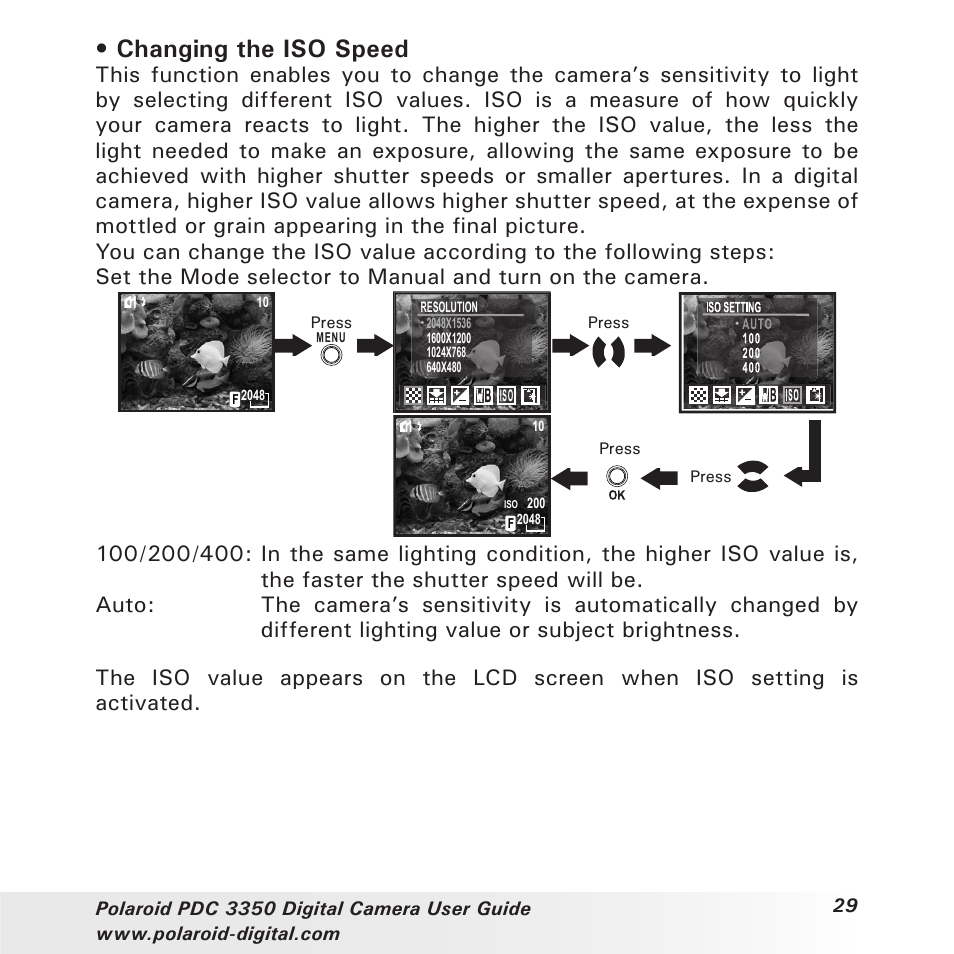 Changing the iso speed | Polaroid PhotoMAX PDC 3350 User Manual | Page 29 / 63