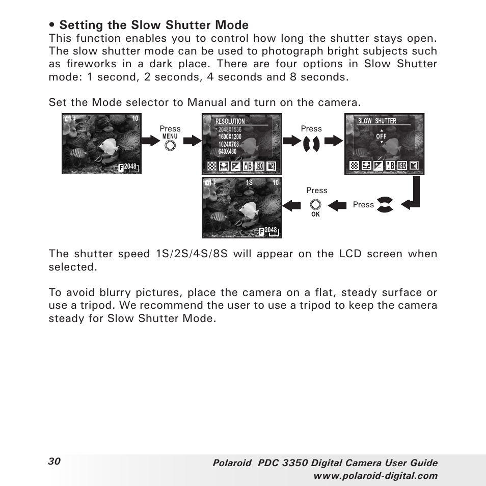 Setting the slow shutter mode | Polaroid PhotoMAX PDC 3350 User Manual | Page 30 / 63