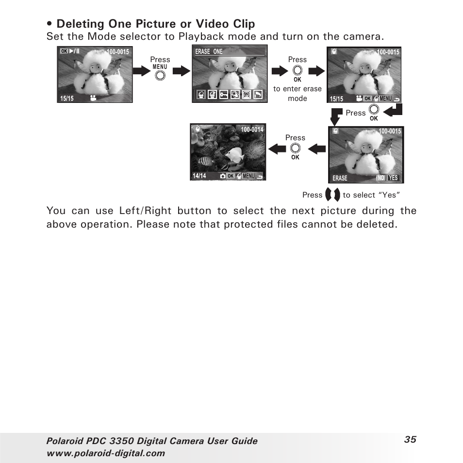 Deleting one picture or video clip | Polaroid PhotoMAX PDC 3350 User Manual | Page 35 / 63