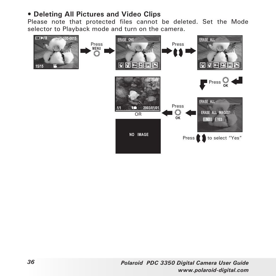 Deleting all pictures and video clips | Polaroid PhotoMAX PDC 3350 User Manual | Page 36 / 63