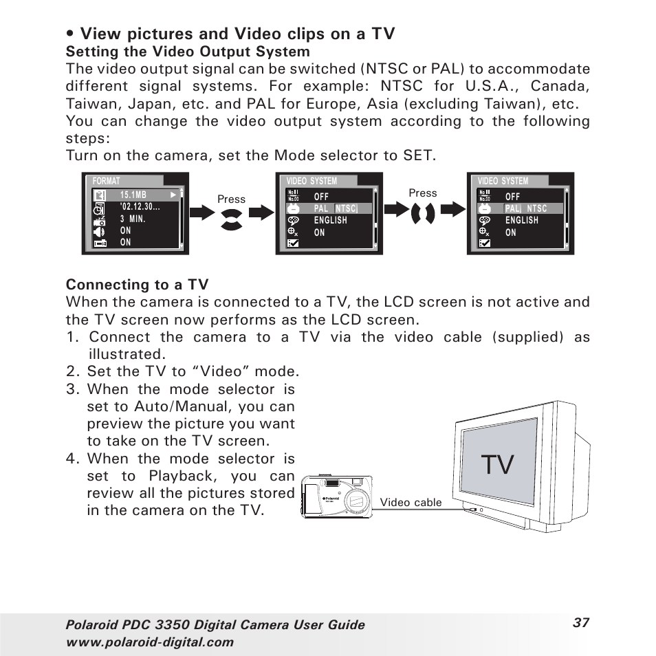 View pictures and video clips on a tv | Polaroid PhotoMAX PDC 3350 User Manual | Page 37 / 63