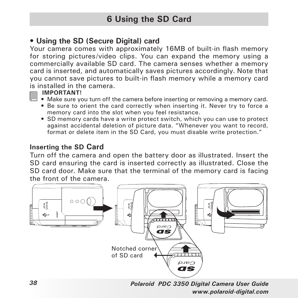 6 using the sd card, Using the sd (secure digital) card, Card | Polaroid PhotoMAX PDC 3350 User Manual | Page 38 / 63