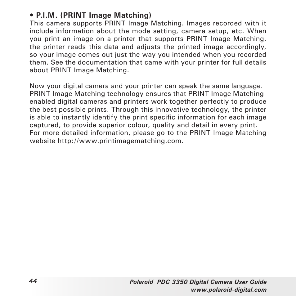 P.i.m. (print image matching) | Polaroid PhotoMAX PDC 3350 User Manual | Page 44 / 63