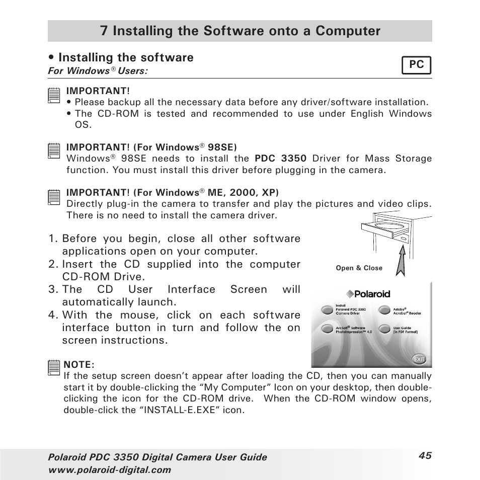 7 installing the software onto a computer, Installing the software | Polaroid PhotoMAX PDC 3350 User Manual | Page 45 / 63