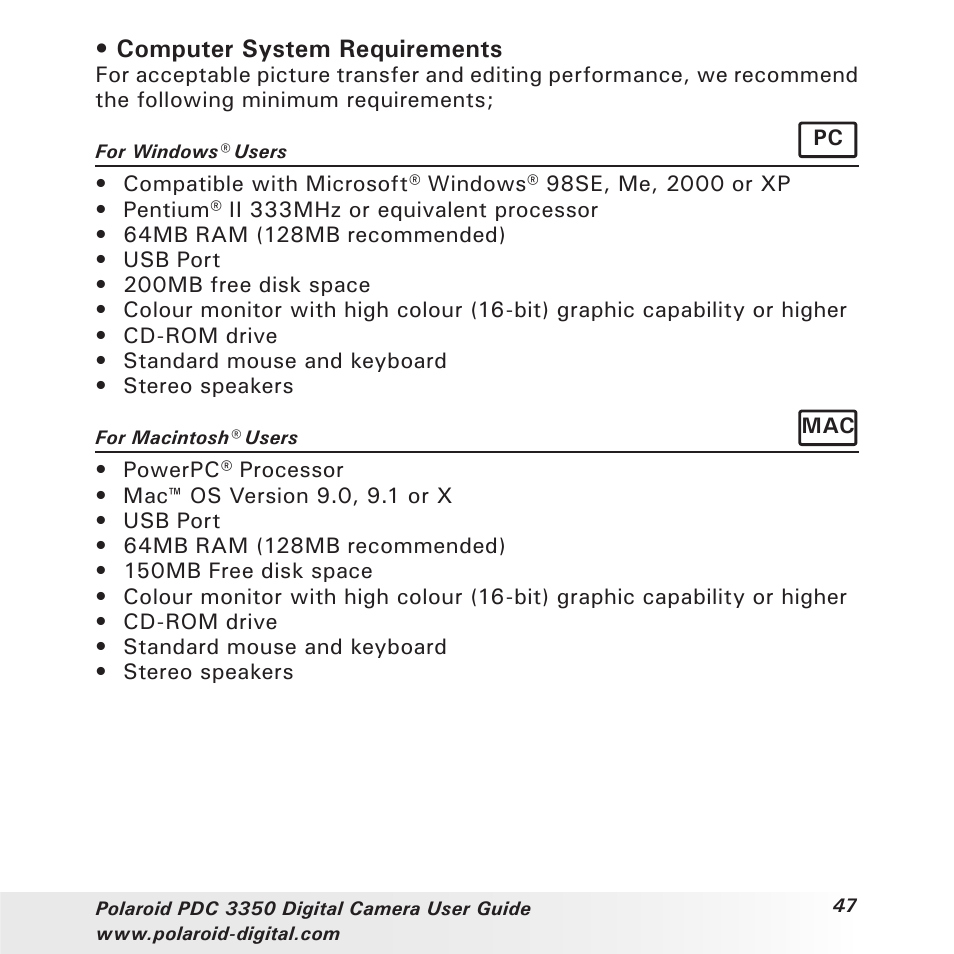 Computer system requirements | Polaroid PhotoMAX PDC 3350 User Manual | Page 47 / 63