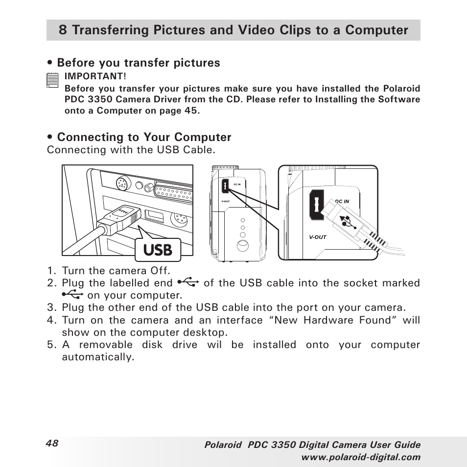 Before you transfer pictures, Connecting to your computer | Polaroid PhotoMAX PDC 3350 User Manual | Page 48 / 63