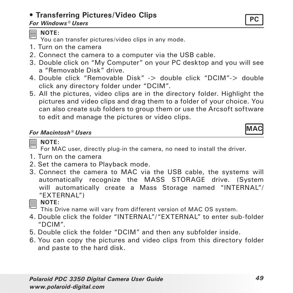 Transferring pictures/video clips | Polaroid PhotoMAX PDC 3350 User Manual | Page 49 / 63