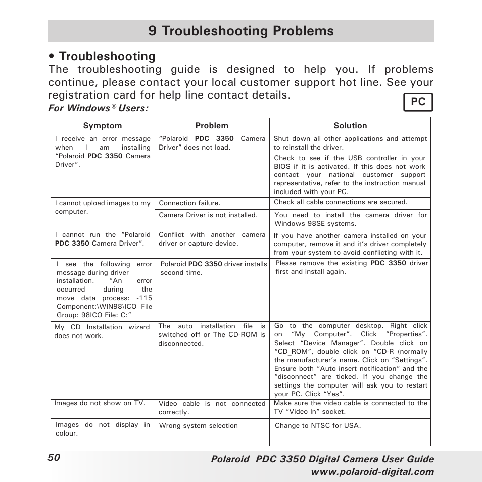 9 troubleshooting problems, Troubleshooting, For windows® users | Polaroid PhotoMAX PDC 3350 User Manual | Page 50 / 63