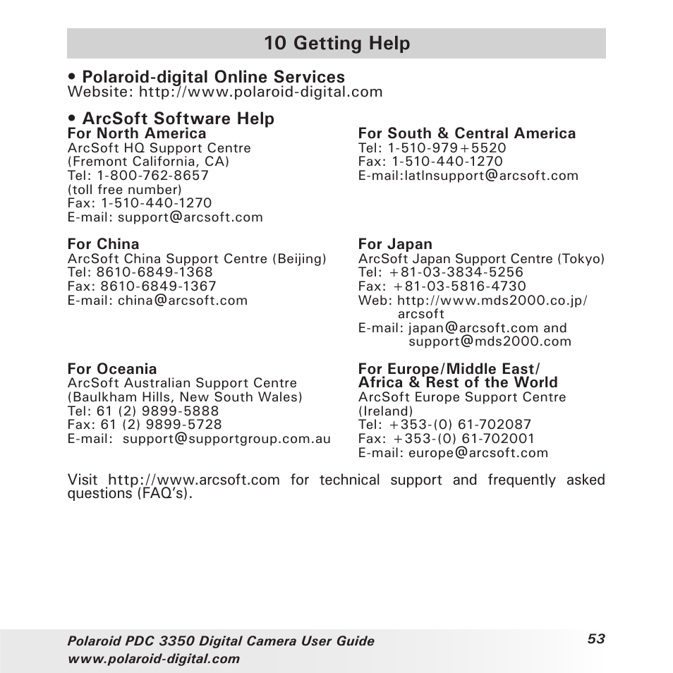 10 getting help, Polaroid-digital online services, Arcsoft software help | Polaroid PhotoMAX PDC 3350 User Manual | Page 53 / 63