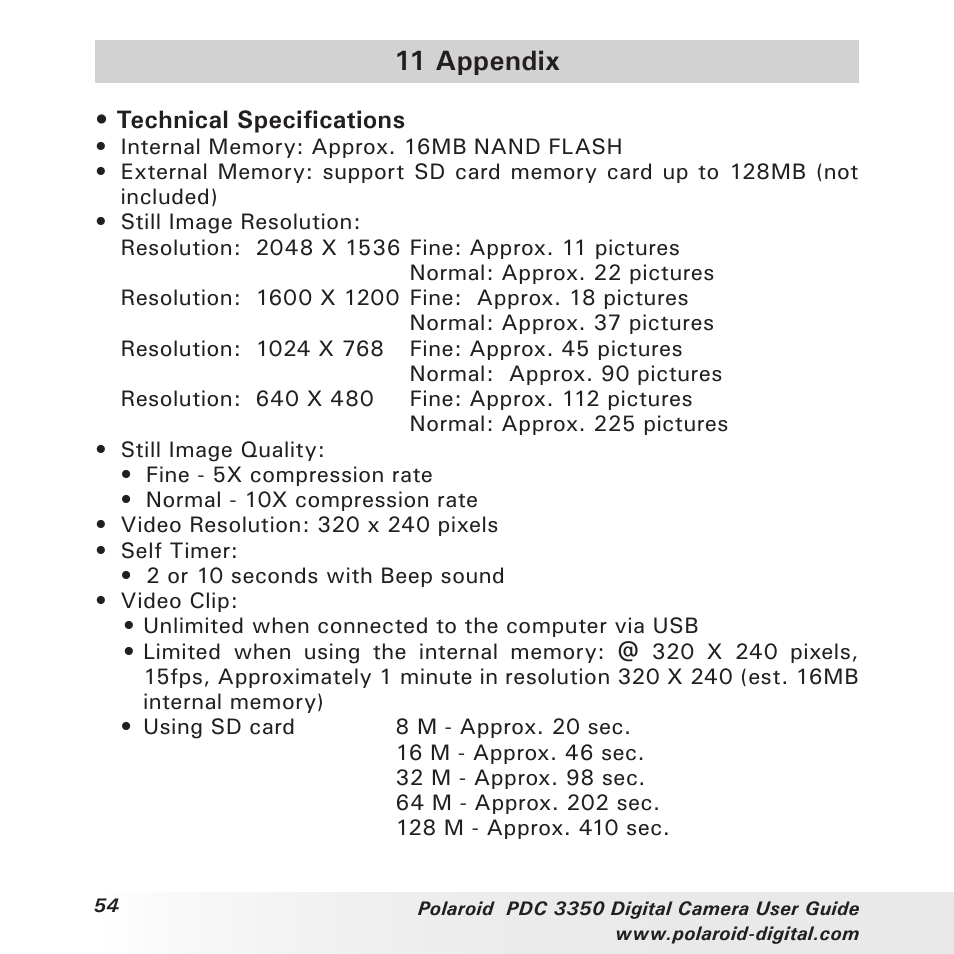 11 appendix | Polaroid PhotoMAX PDC 3350 User Manual | Page 54 / 63