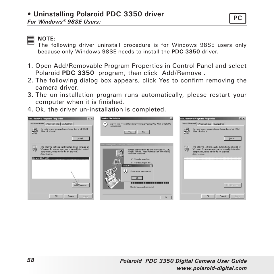 Uninstalling polaroid pdc 3350 driver | Polaroid PhotoMAX PDC 3350 User Manual | Page 58 / 63
