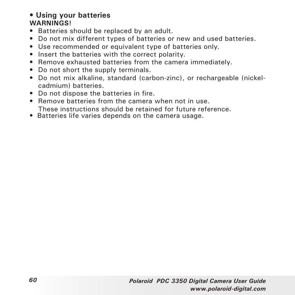 Using your batteries | Polaroid PhotoMAX PDC 3350 User Manual | Page 60 / 63