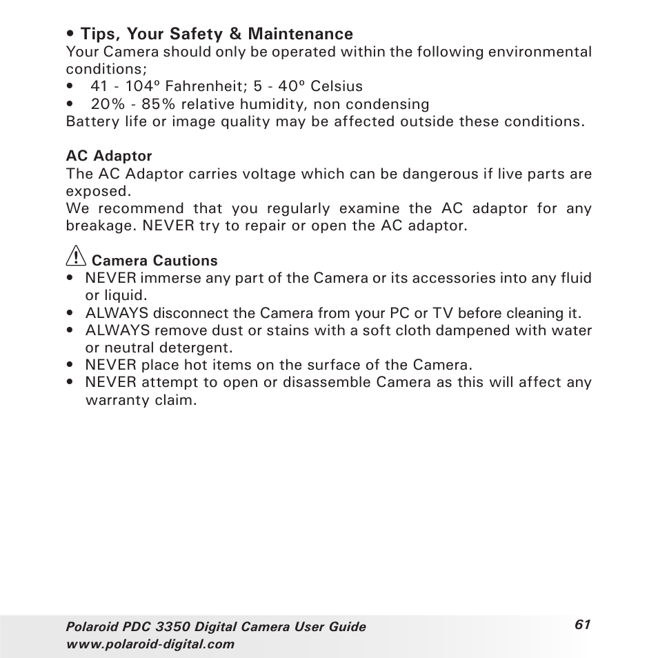 Tips, your safety & maintenance | Polaroid PhotoMAX PDC 3350 User Manual | Page 61 / 63