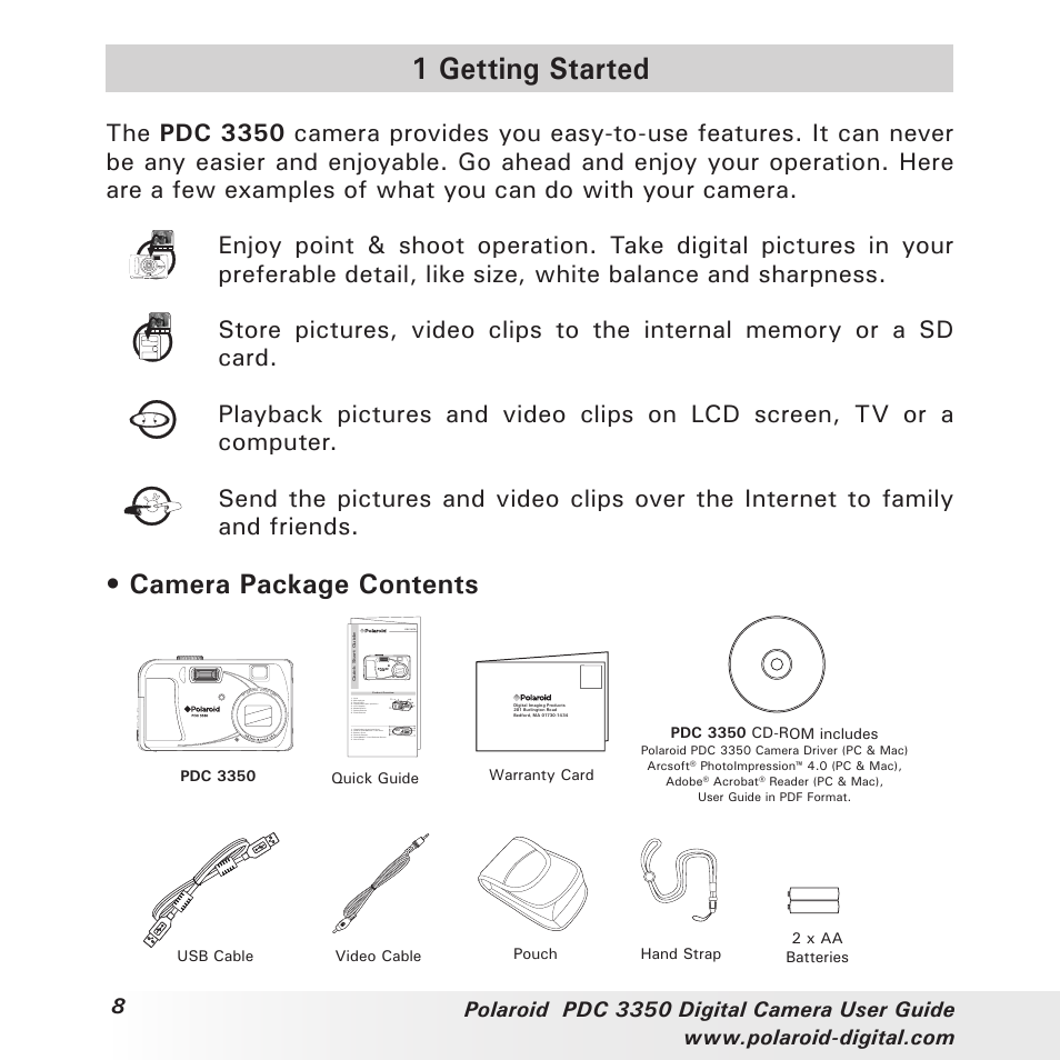 1 getting started, Camera package contents | Polaroid PhotoMAX PDC 3350 User Manual | Page 8 / 63