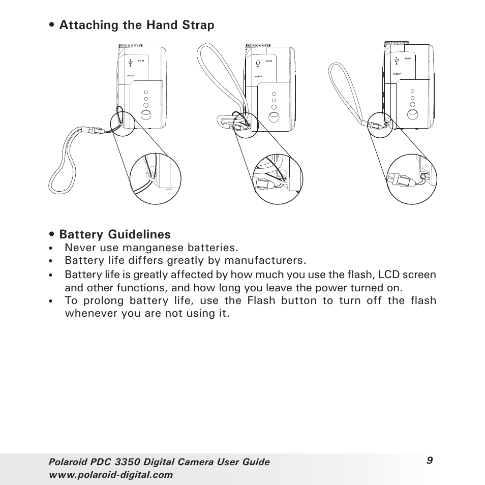 Attaching the hand strap • battery guidelines | Polaroid PhotoMAX PDC 3350 User Manual | Page 9 / 63