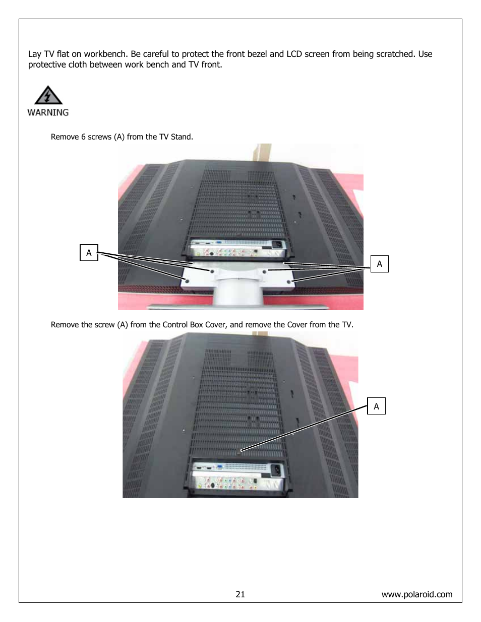 Stand and control box removal – all models | Polaroid FLM-4232HM User Manual | Page 21 / 52