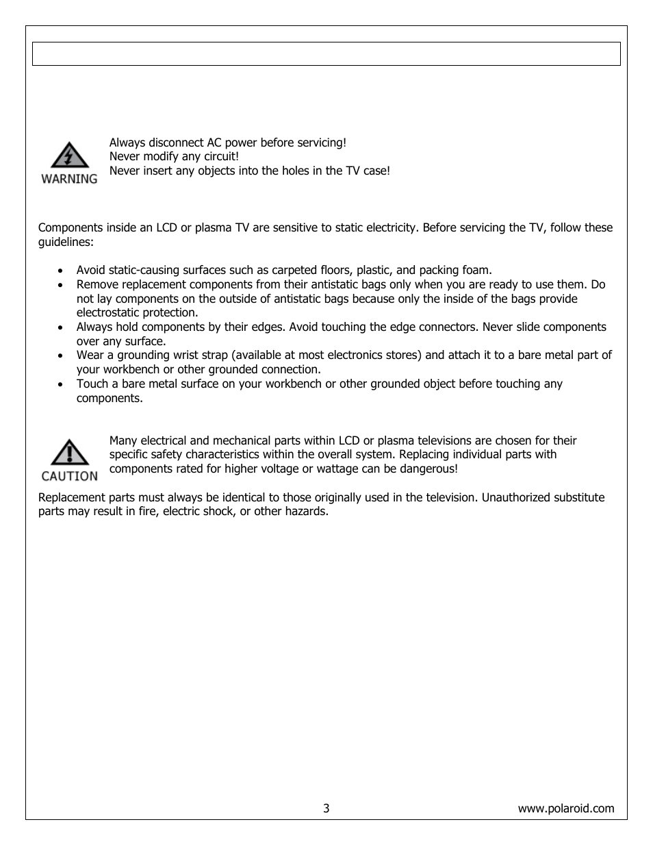 Important service and safety information | Polaroid FLM-4232HM User Manual | Page 3 / 52