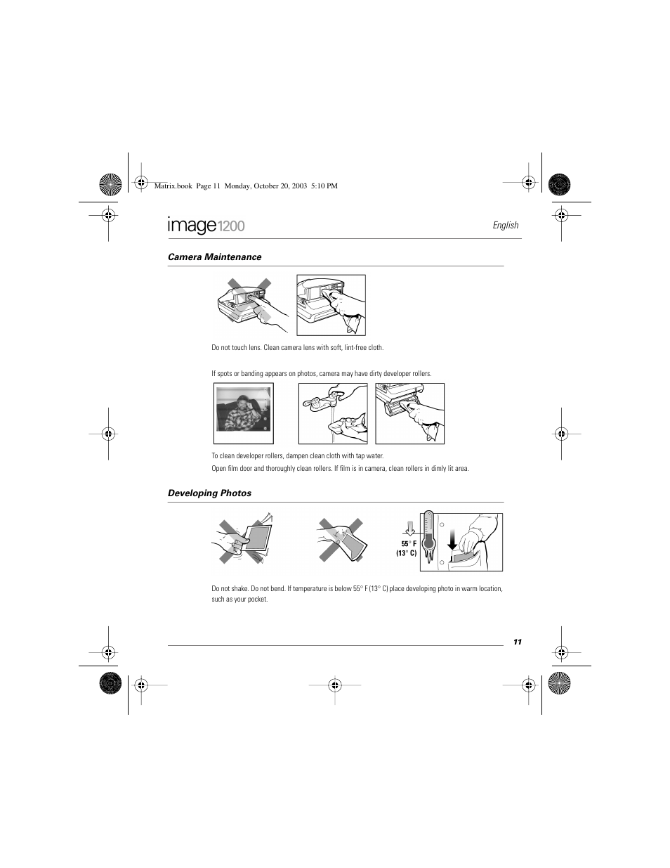 Camera maintenance, Developing photos | Polaroid Image1200 User Manual | Page 12 / 39