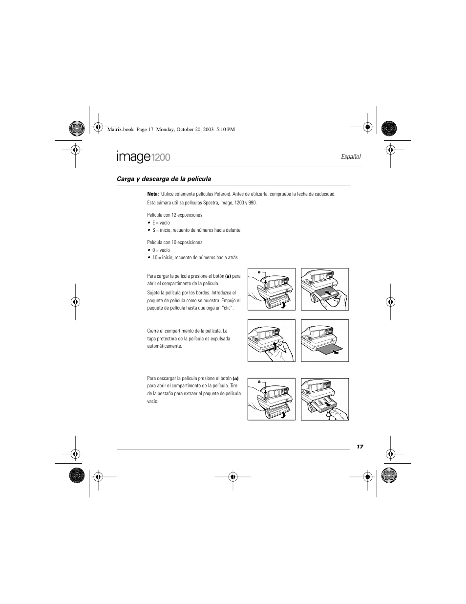 Carga y descarga de la película, Español | Polaroid Image1200 User Manual | Page 18 / 39