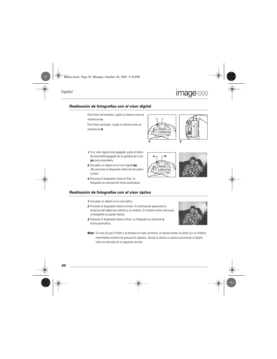 Realización de fotografías con el visor digital, Realización de fotografías con el visor óptico, Español | Polaroid Image1200 User Manual | Page 21 / 39