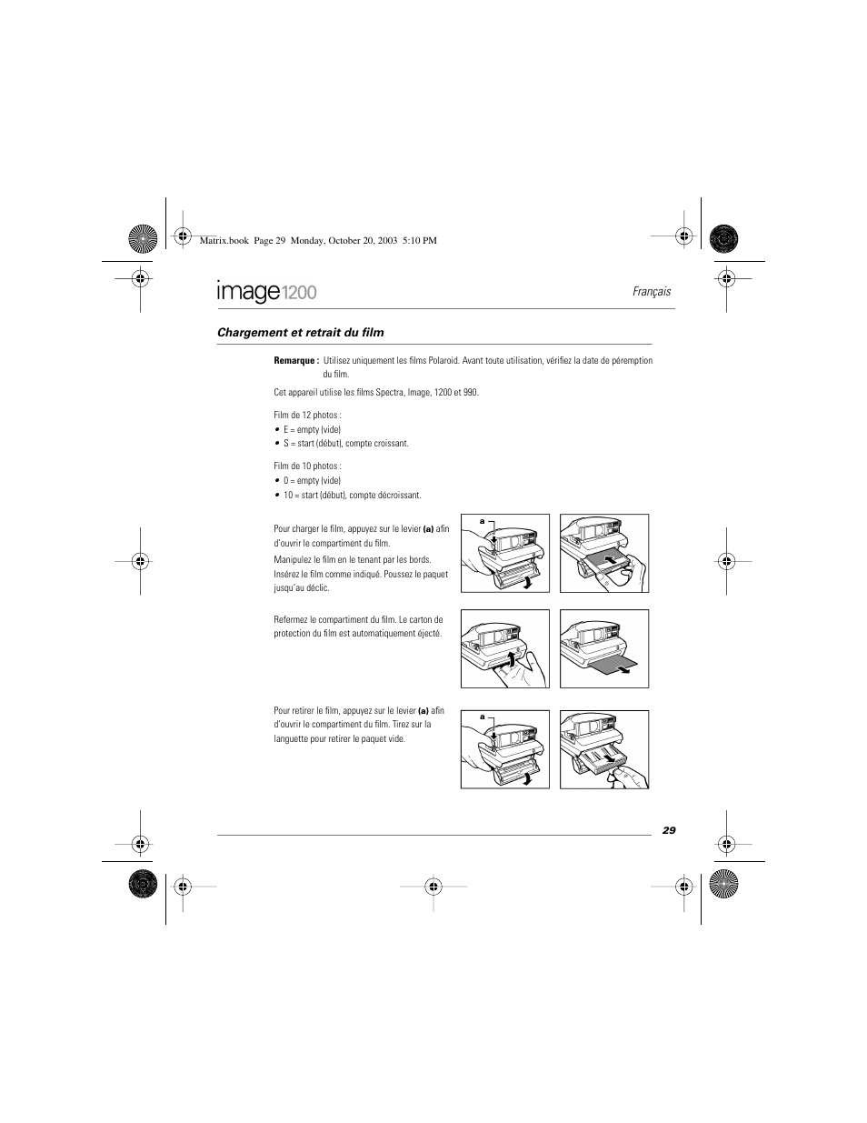 Chargement et retrait du film, Français | Polaroid Image1200 User Manual | Page 30 / 39