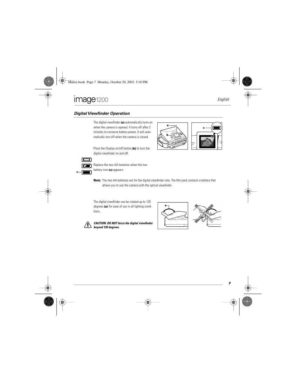 Digital viewfinder operation, English | Polaroid Image1200 User Manual | Page 8 / 39