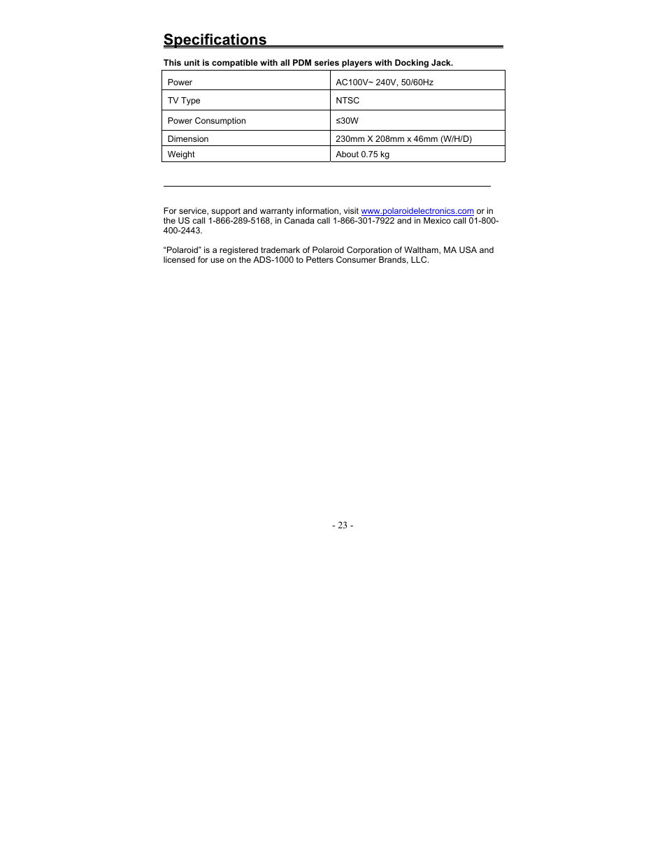 Specifications | Polaroid PDM-0990DS User Manual | Page 68 / 68