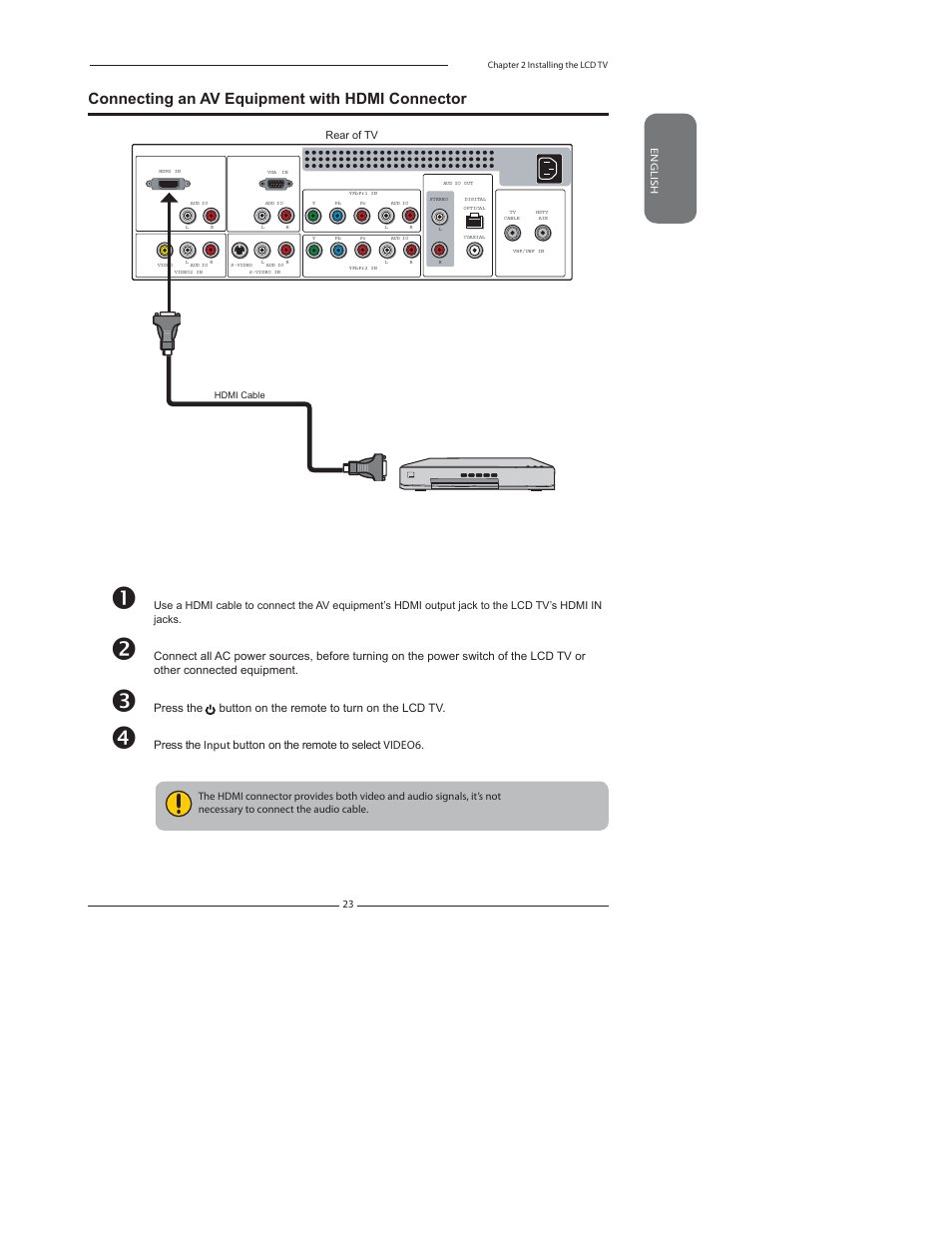 Connecting an av equipment with hdmi connector | Polaroid FLX-2602 User Manual | Page 24 / 58