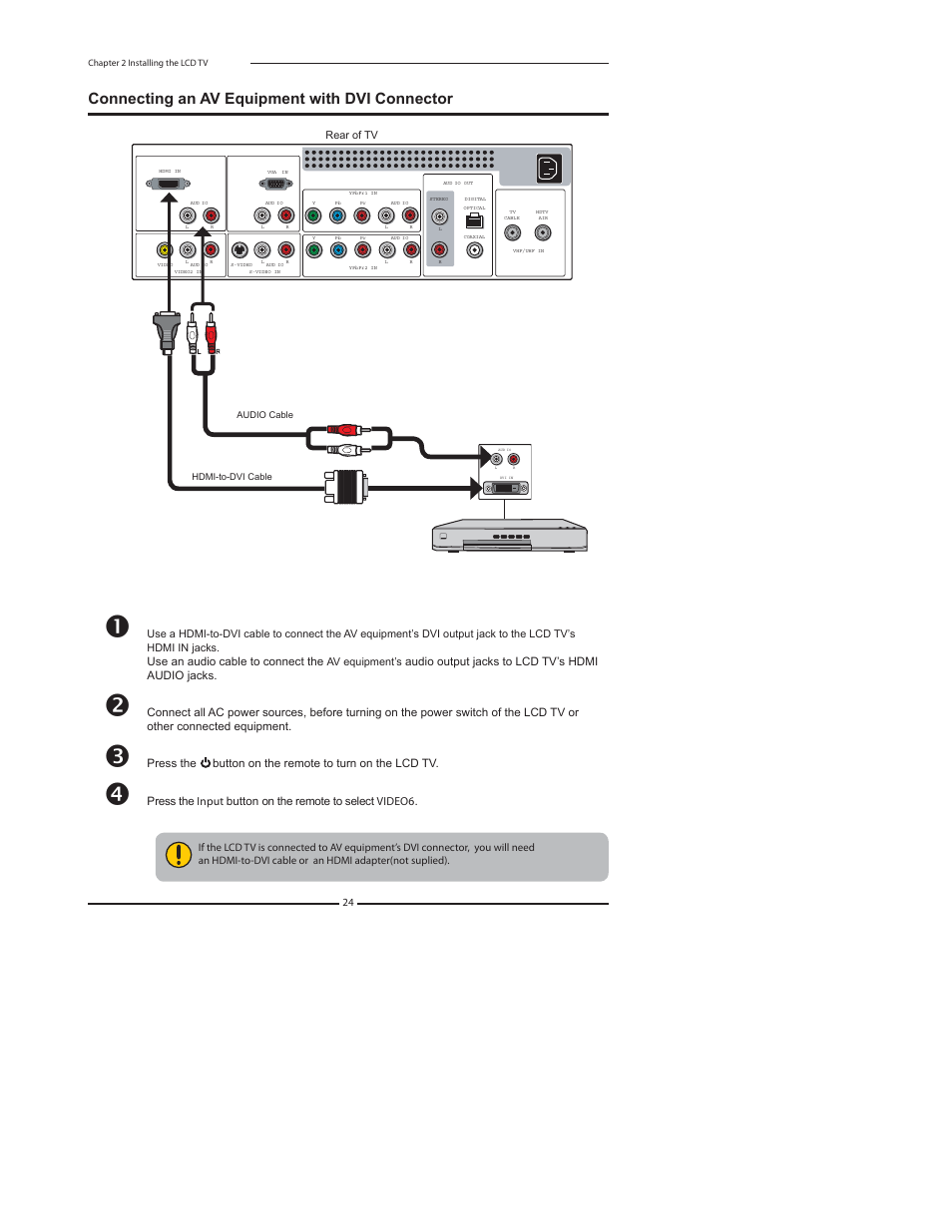 Connecting an av equipment with dvi connector, Use an audio cable to connect the, Audio output jacks to lcd tv’s hdmi audio jacks | Polaroid FLX-2602 User Manual | Page 25 / 58