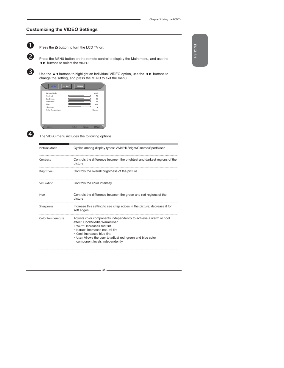 Customizing the video settings | Polaroid FLX-2602 User Manual | Page 36 / 58
