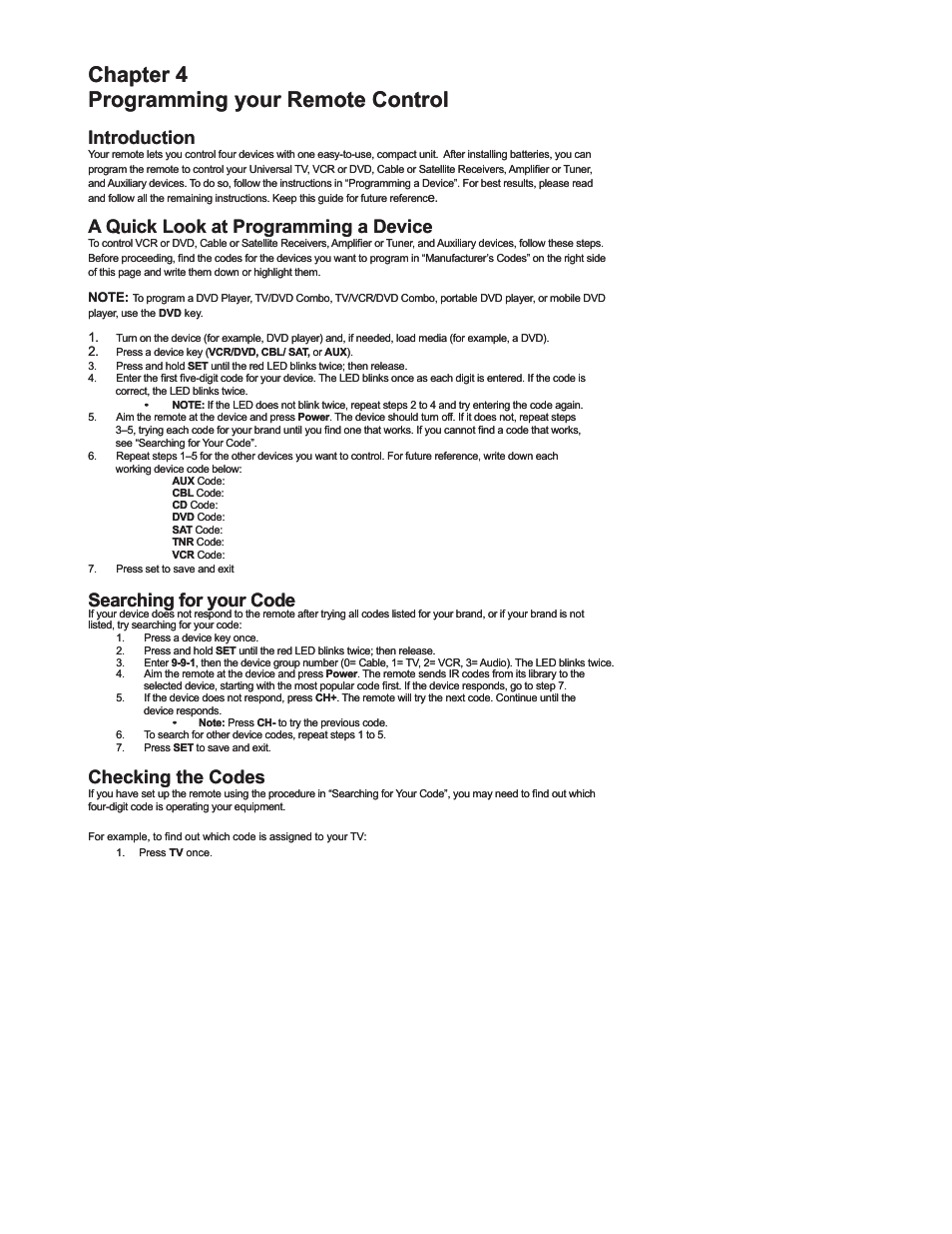 Chapter 4 programming your remote control, Introduction, A quick look at programming a device | Searching for your code, Checking the codes | Polaroid FLX-2602 User Manual | Page 46 / 58