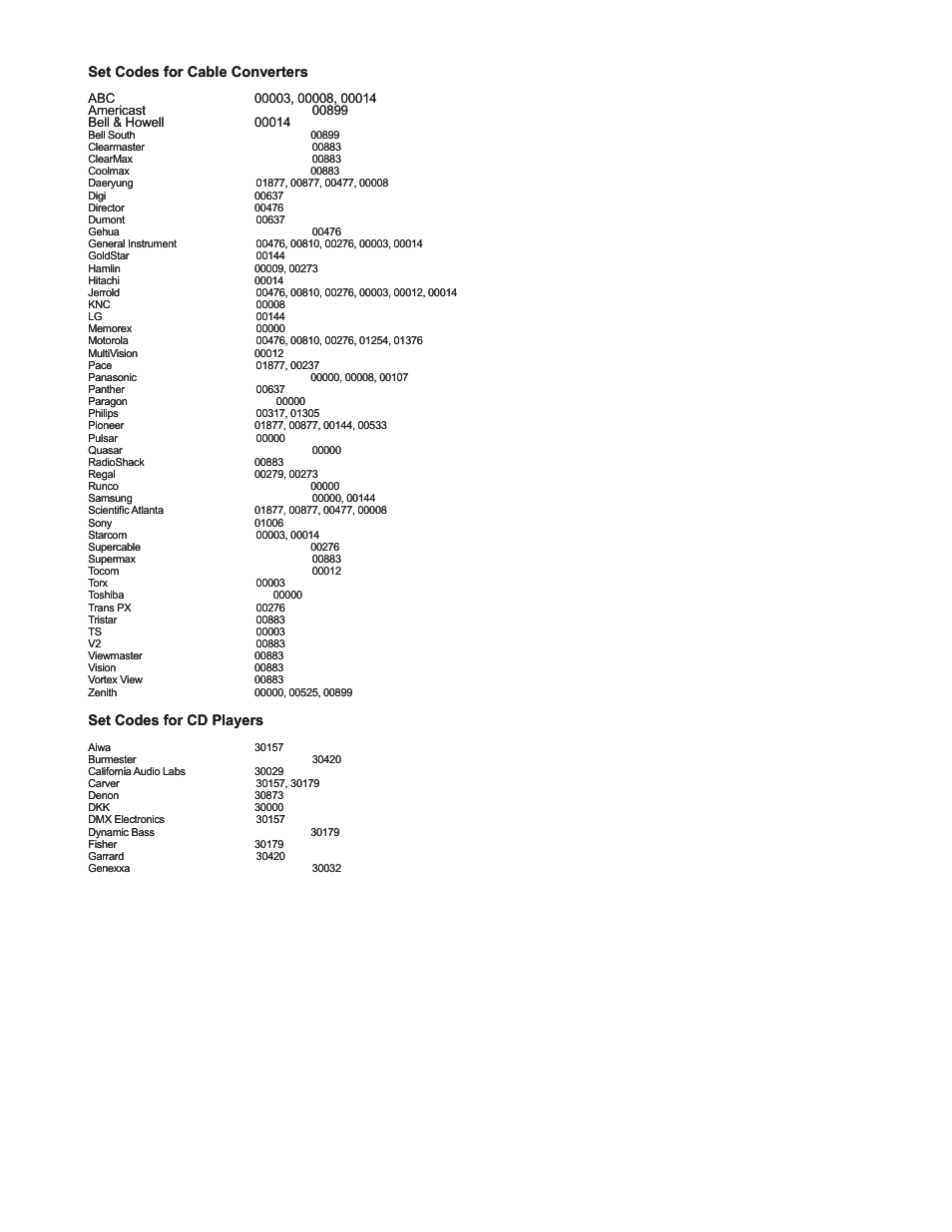 Set codes for cable converters, Set codes for cd players | Polaroid FLX-2602 User Manual | Page 49 / 58