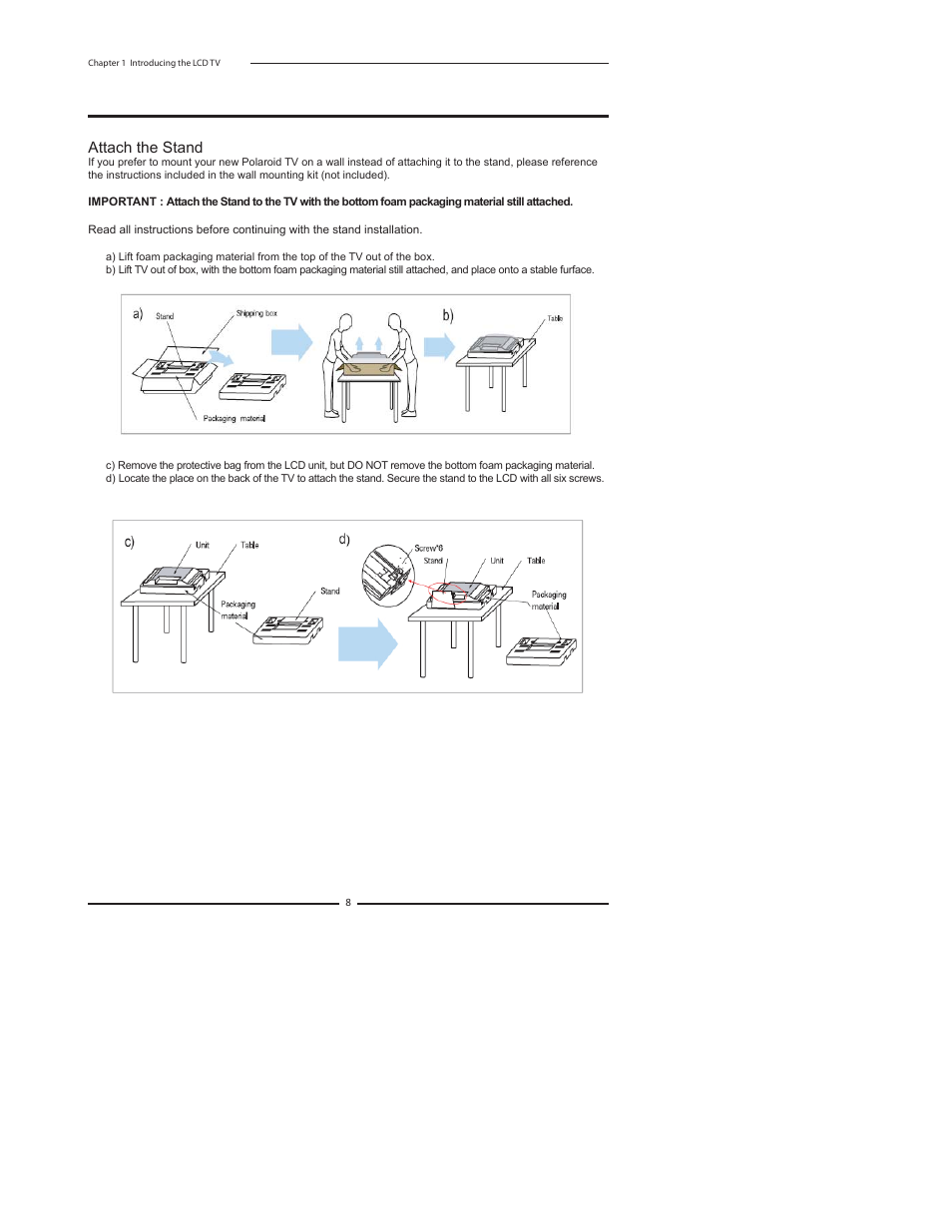 Attach the stand, Setting up your lcd tv | Polaroid FLX-2602 User Manual | Page 9 / 58