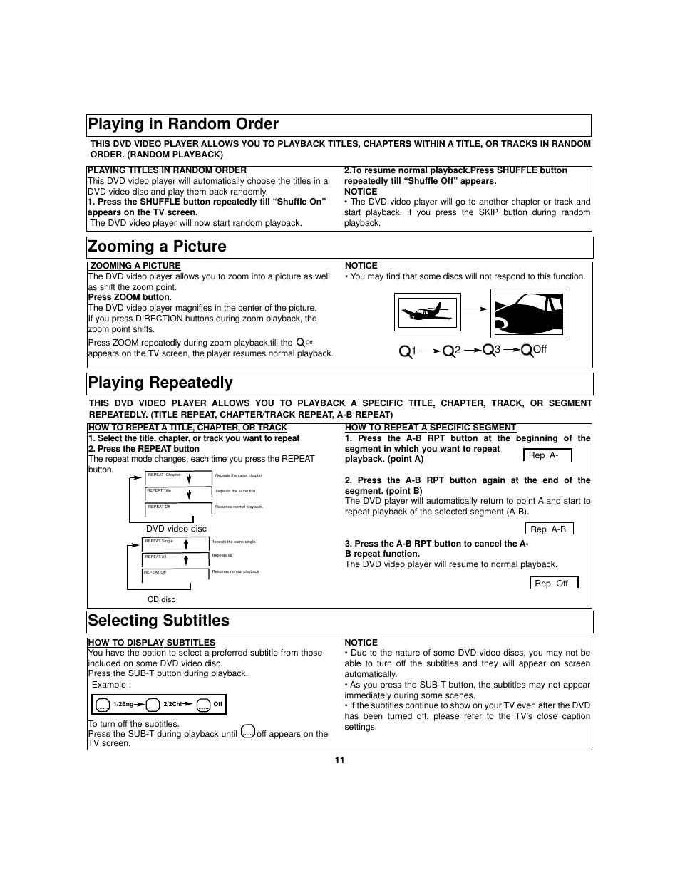 Selecting subtitles, Playing in random order, Zooming a picture | Playing repeatedly | Polaroid TDB-3000AR User Manual | Page 25 / 29